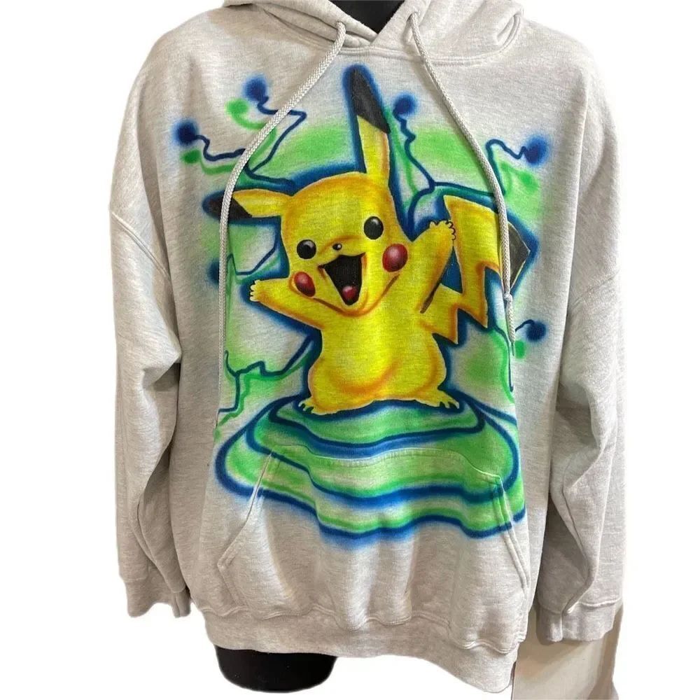 Gildan Heavy Blend Grey Pikachu Air Brush Sweatshirt Hoodie Size XL Rare